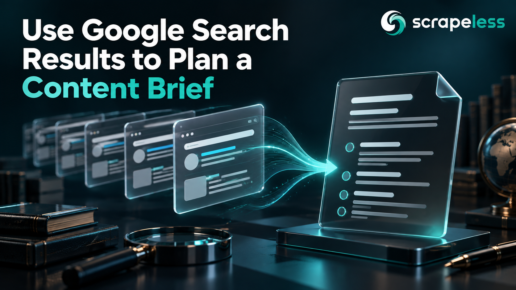 Use Google Search Results to Plan a Content Brief illustrated with structured search data on a dark teal background.