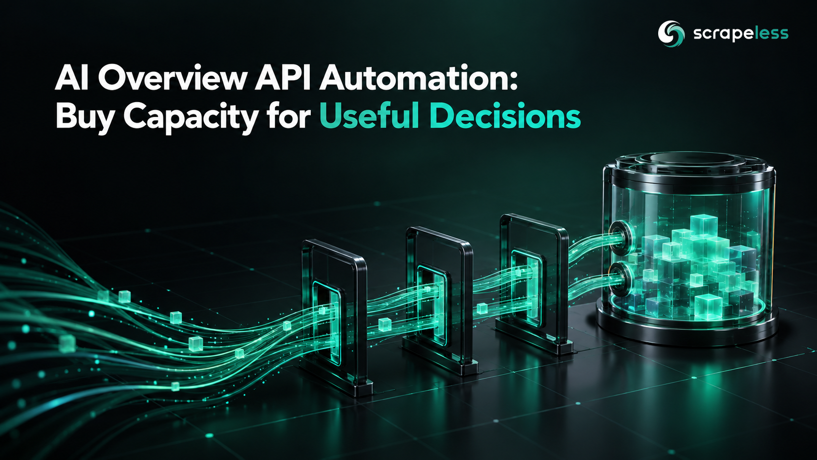 Automatización de la API de Descripción General de IA: Comprar capacidad para decisiones útiles ilustrada con paneles de respuesta de vidrio oscuro y documentos fuente