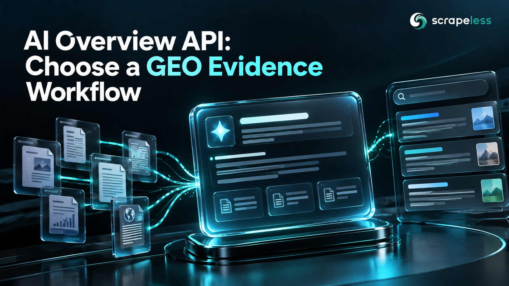AI Overview API: Choose a Defensible GEO Evidence Workflow illustrated with an answer panel and source documents