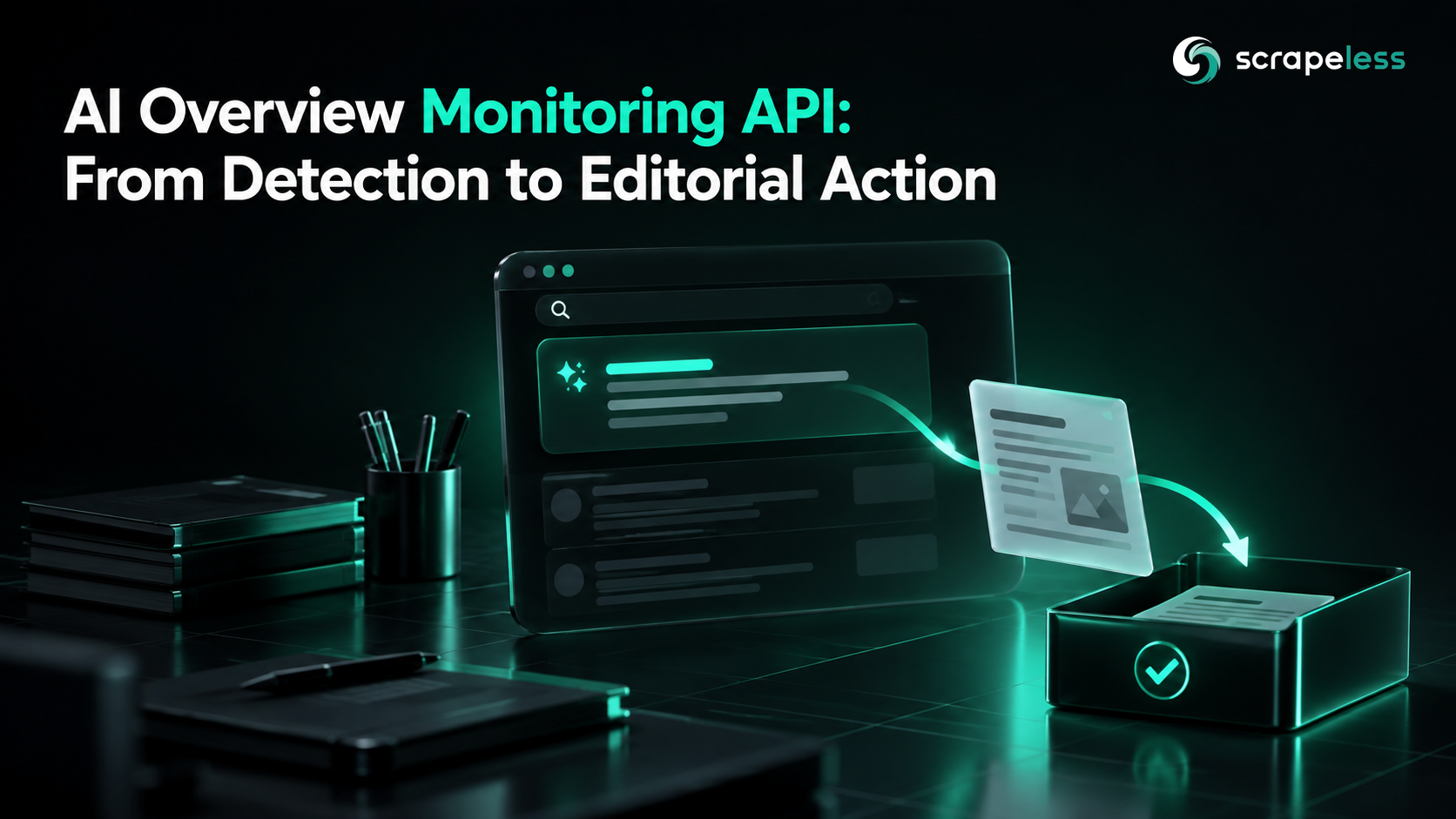 AI Overview Monitoring API: From Detection to Editorial Action illustrated with dark glass answer panels and source documents