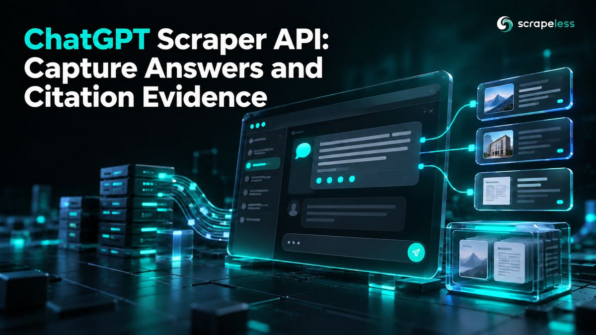 ChatGPT スクレイパー API: 回答と引用証拠を取得します。一般的なチャットバブルが浮かぶ引用カードにリンクされた暗いグラスの AI 回答パネルと保存された証拠アーカイブ。