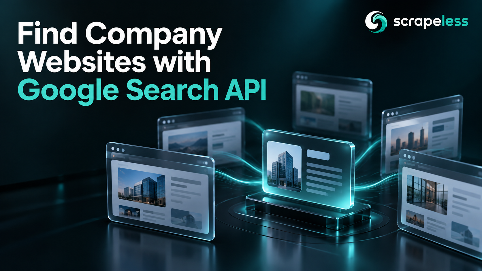 Find Company Websites with Google Search API illustrated with structured search data on a dark teal background.