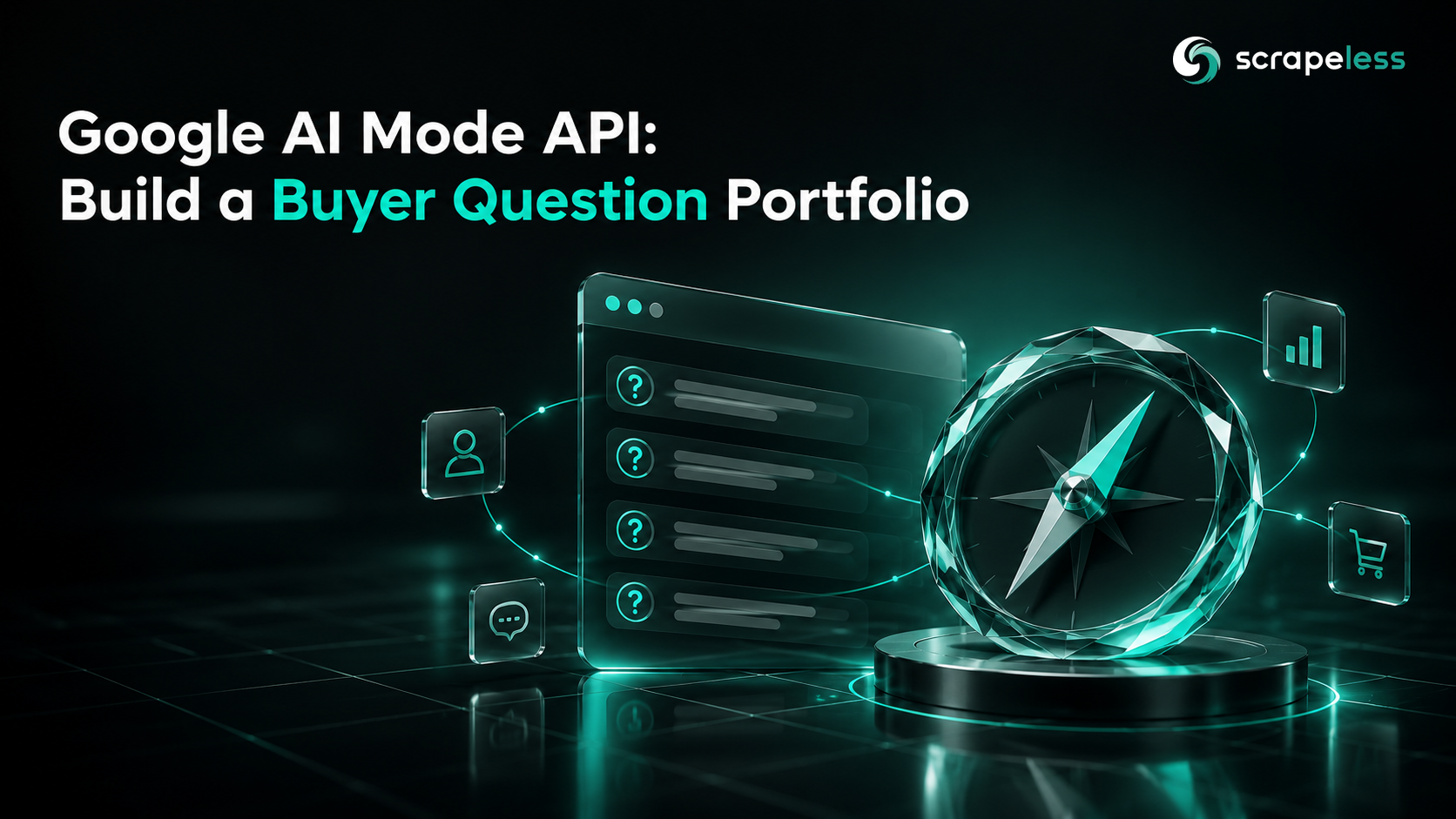 Google AI Mode API: Build a Buyer Question Portfolio illustrated with dark glass answer panels and source documents