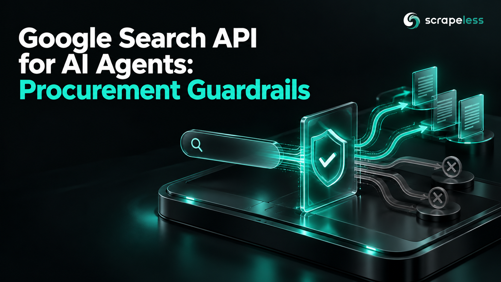 Google Search API for AI Agents: Procurement Guardrails shown with dark glass search and evidence objects