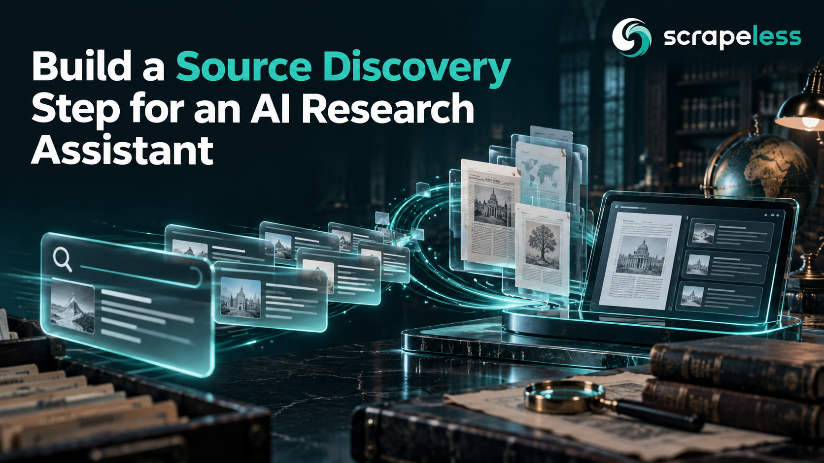 Build a Source Discovery Step for an AI Research Assistant illustrated with structured search data on a dark teal background.