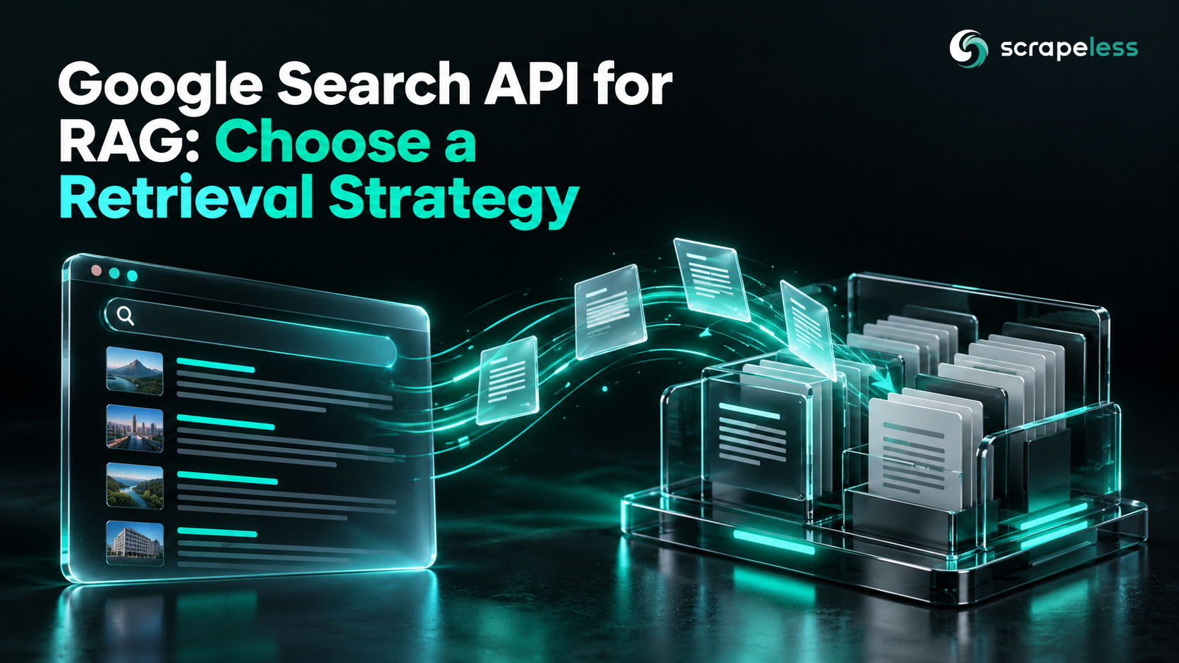 Google Search API for RAG: Choose a Retrieval Strategy illustrated through dark glass search evidence objects