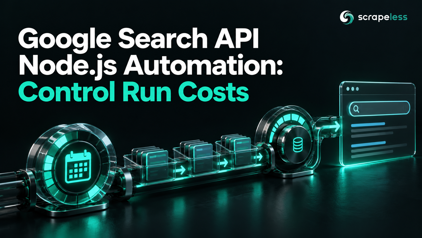 Google Search API Node.js Automation: Control Run Costs illustrated with dark glass search workflow objects
