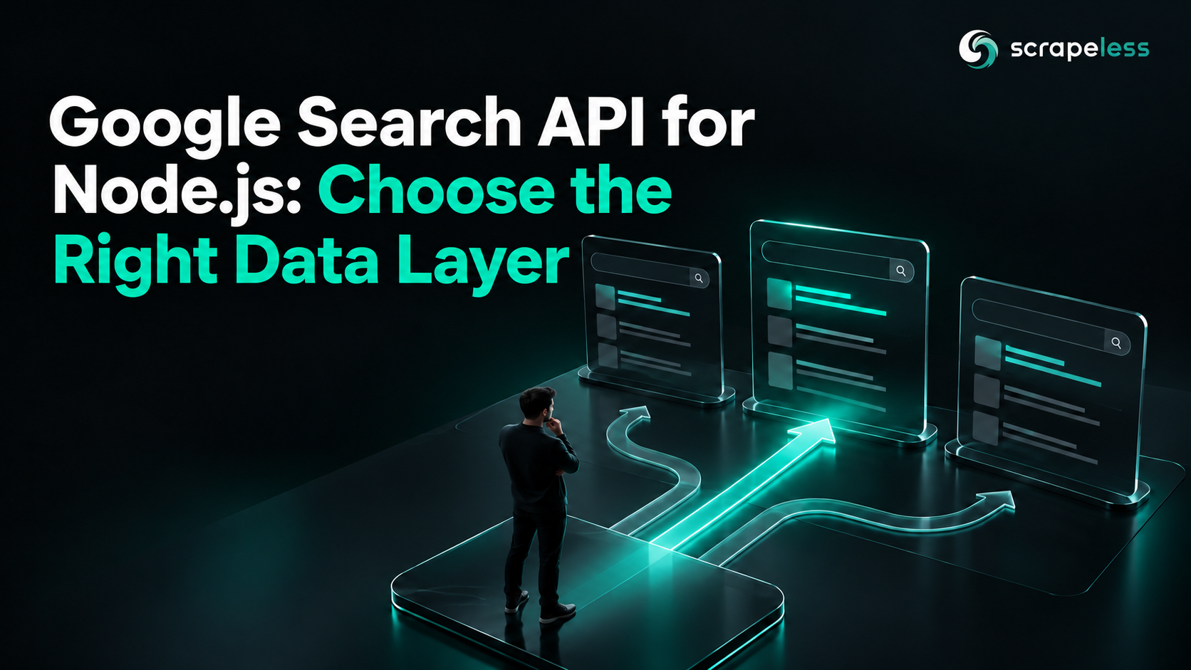 Google Search API for Node.js: Choose the Right Data Layer illustrated with dark glass search workflow objects