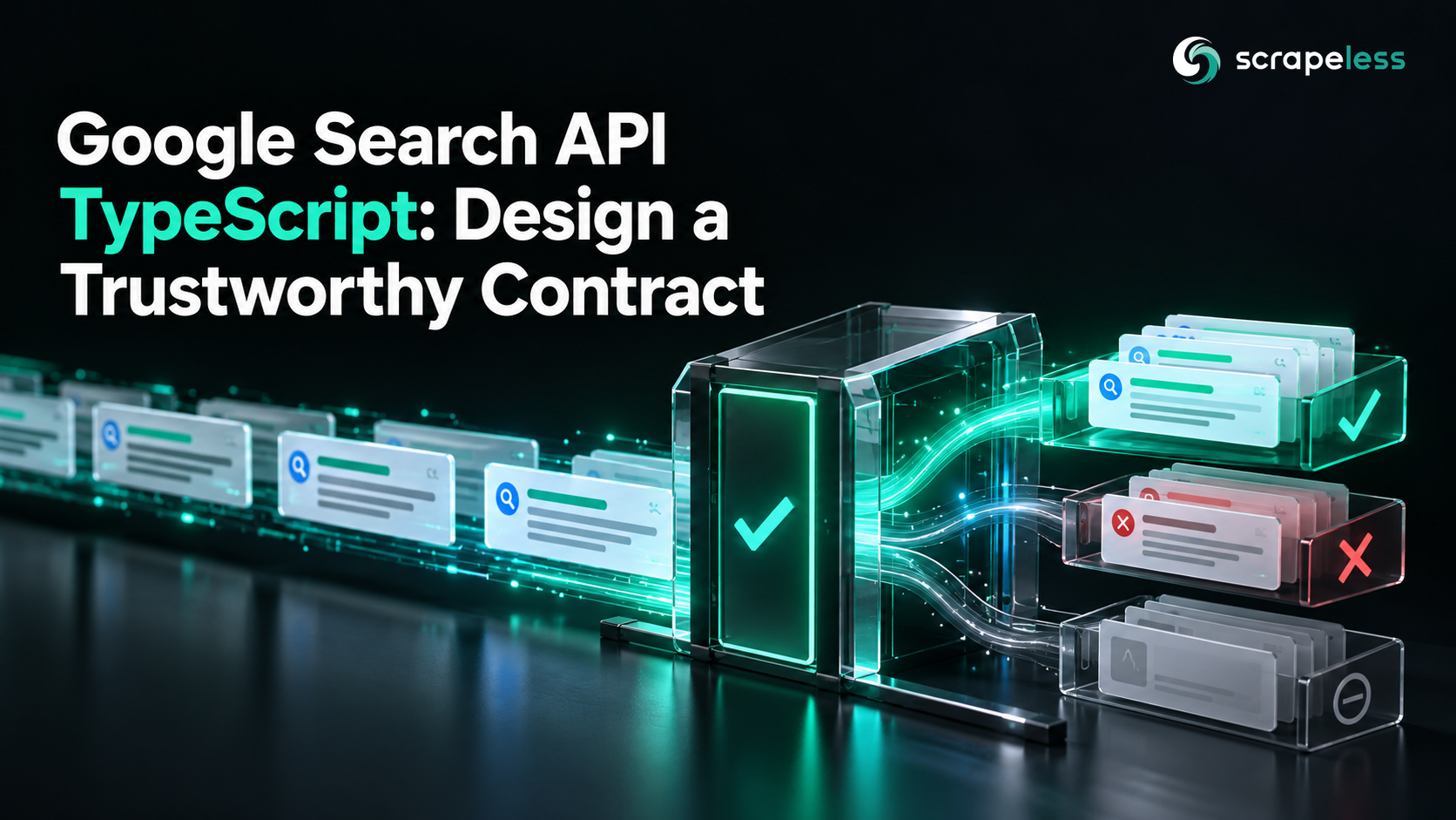 Google Search API TypeScript: Design a Trustworthy Contract illustrated with dark glass search workflow objects