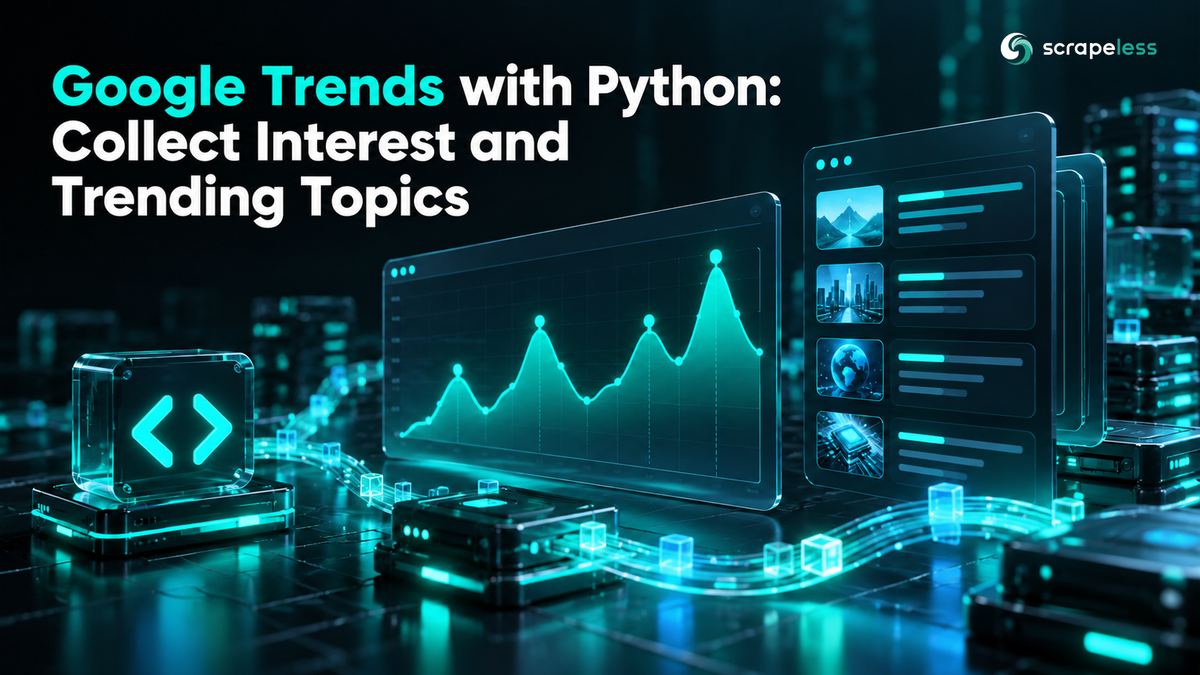 Google Trends con Python: Recopilar Interés y Temas en Tendencia. Un gráfico de serie temporal de vidrio oscuro con cuatro picos brillantes al lado de una pila separada de tarjetas de noticias en tendencia, mostrando diferentes superficies de datos.