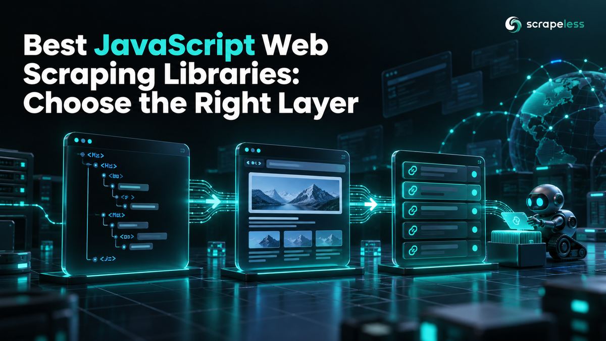 A horizontal pipeline of three translucent layers: HTML document tree, rendered browser page, and crawl queue, connected with teal light.