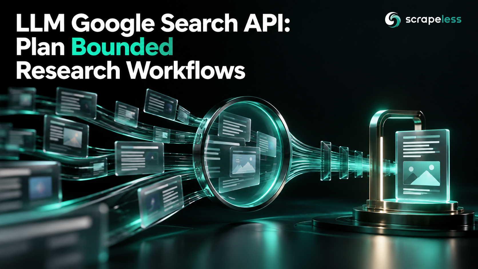 API de Pesquisa do Google para LLM: Fluxos de trabalho de pesquisa com plano limitado mostrados com pesquisa em vidro escuro e objetos de evidência