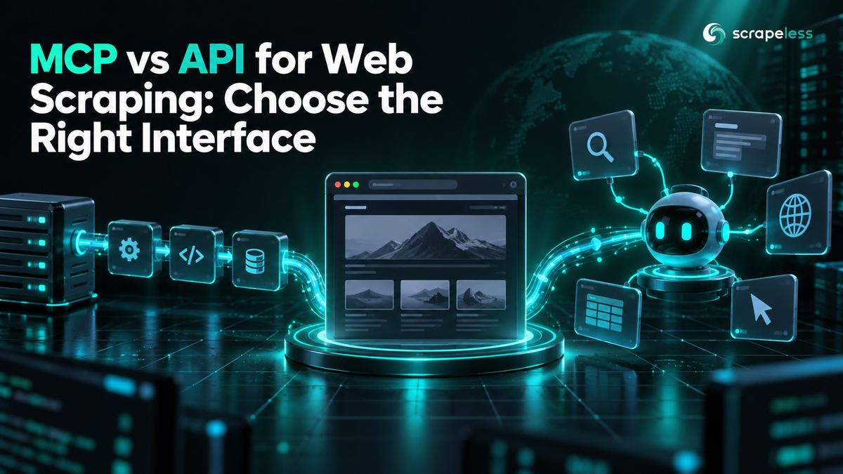 MCP vs API para Web Scraping: Elige la Interfaz Correcta ilustrada con un navegador de vidrio oscuro y componentes de red