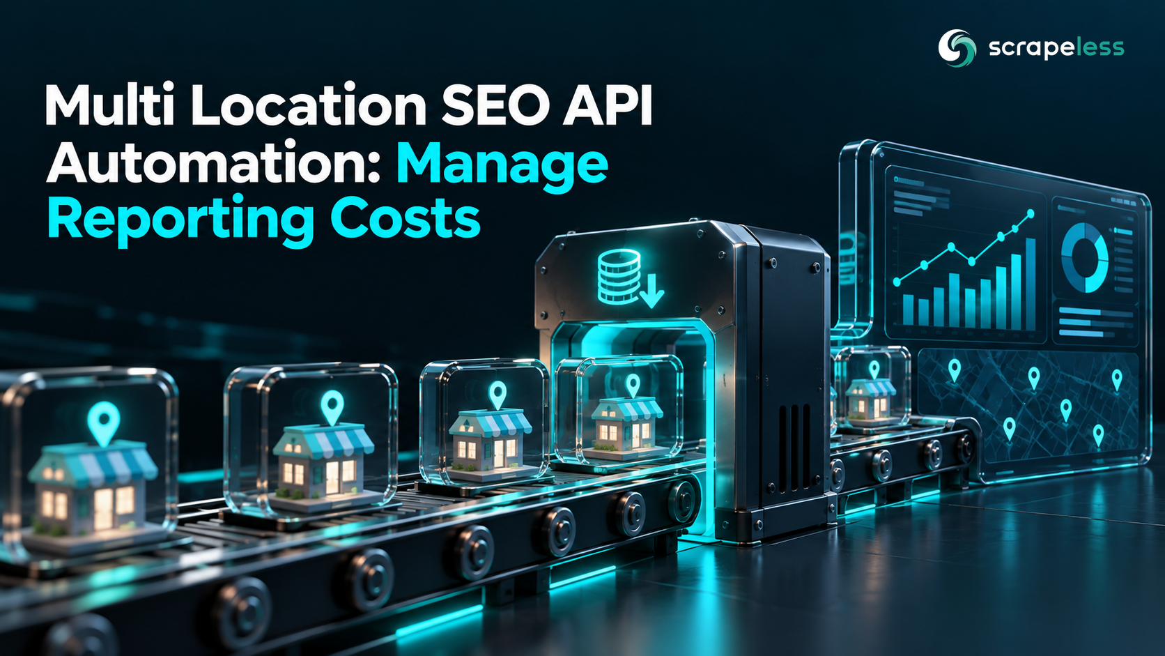 Multi Location SEO API Automation: Manage Reporting Costs illustrated with store reporting obligations and a budget gate