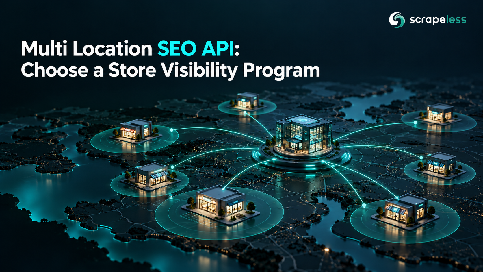 Multi Location SEO API: Choose a Store Visibility Program illustrated with storefronts and local search reporting panels