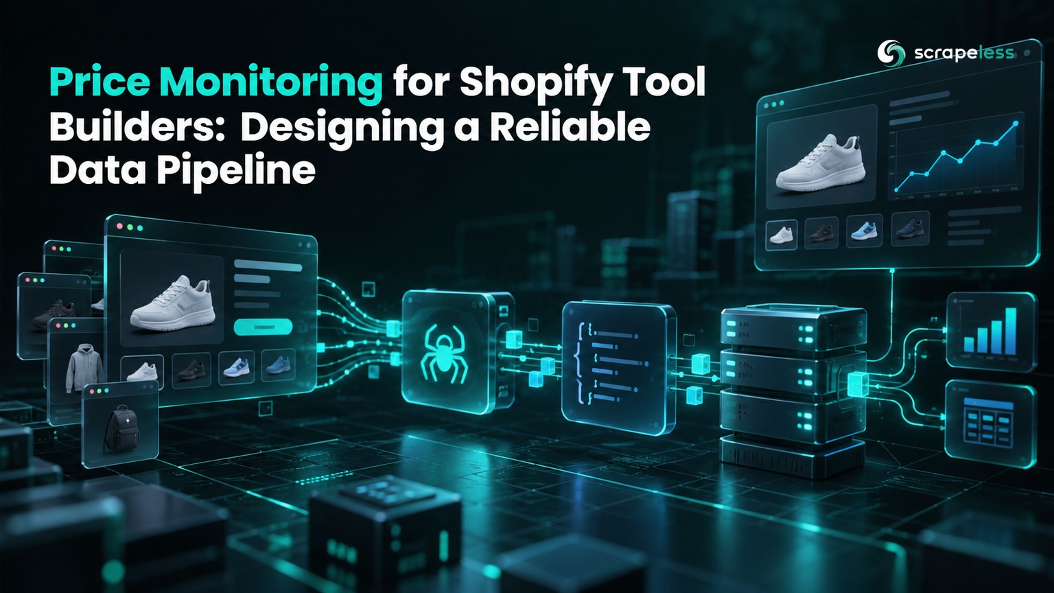 Price Monitoring for Shopify Tool Builders: Designing a Reliable Data Pipeline illustrated with a dark teal ecommerce data scene.