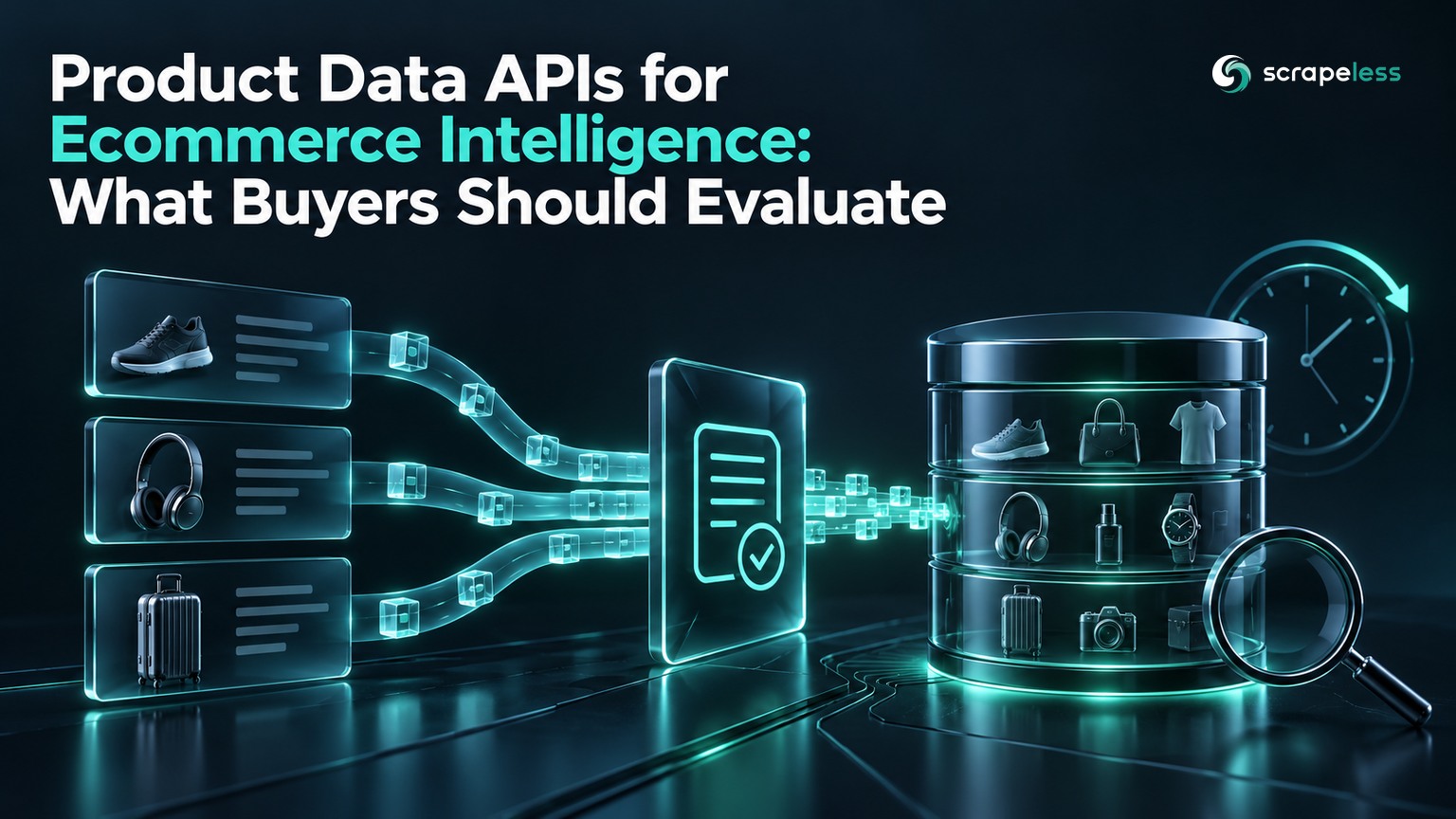 Product Data APIs for Ecommerce Intelligence: What Buyers Should Evaluate illustrated with a dark teal ecommerce data scene.