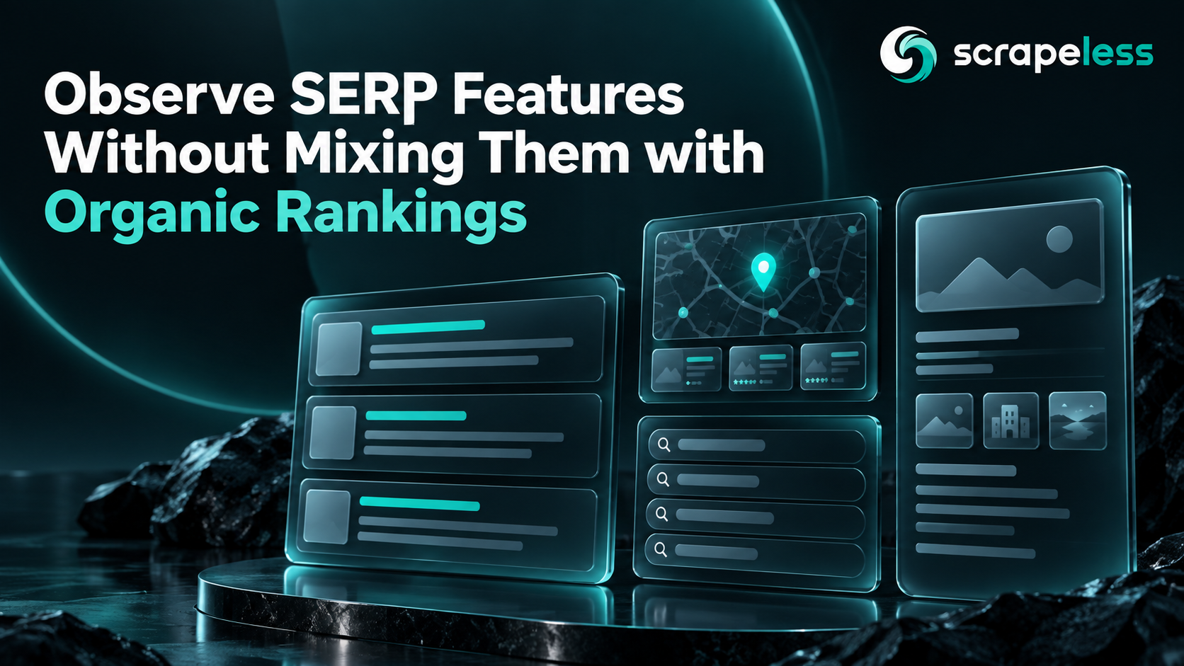 Observe SERP Features Without Mixing Them with Organic Rankings illustrated with structured search data on a dark teal background.