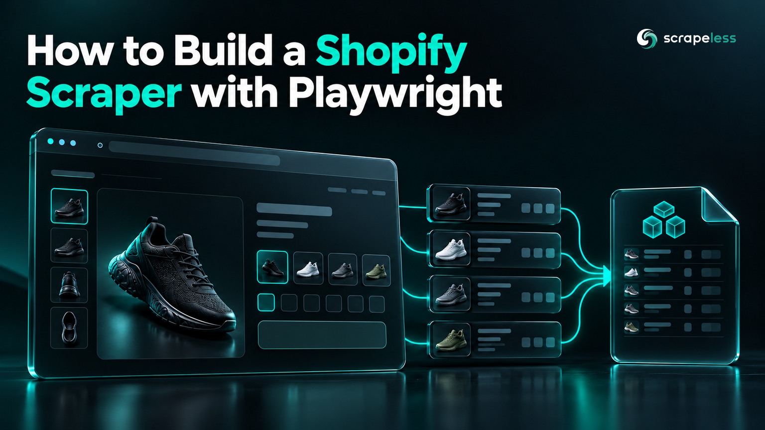 Cómo crear un scraper de Shopify con Playwright ilustrado con una escena de datos de comercio electrónico en verde azulado oscuro.