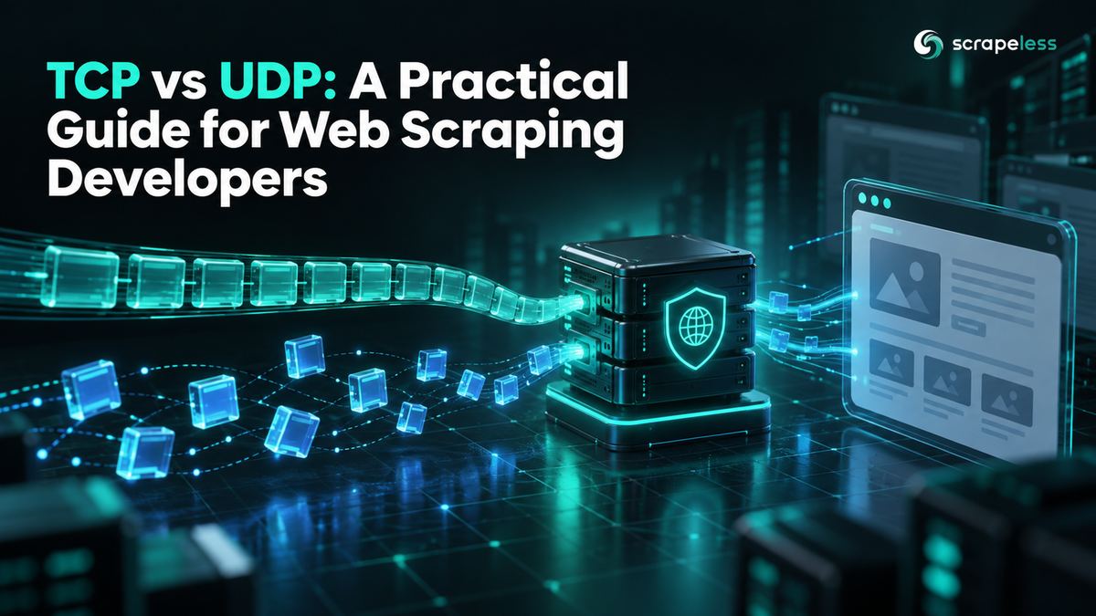 TCP vs UDP: A Practical Guide for Web Scraping Developers illustrated with dark glass browser and network components